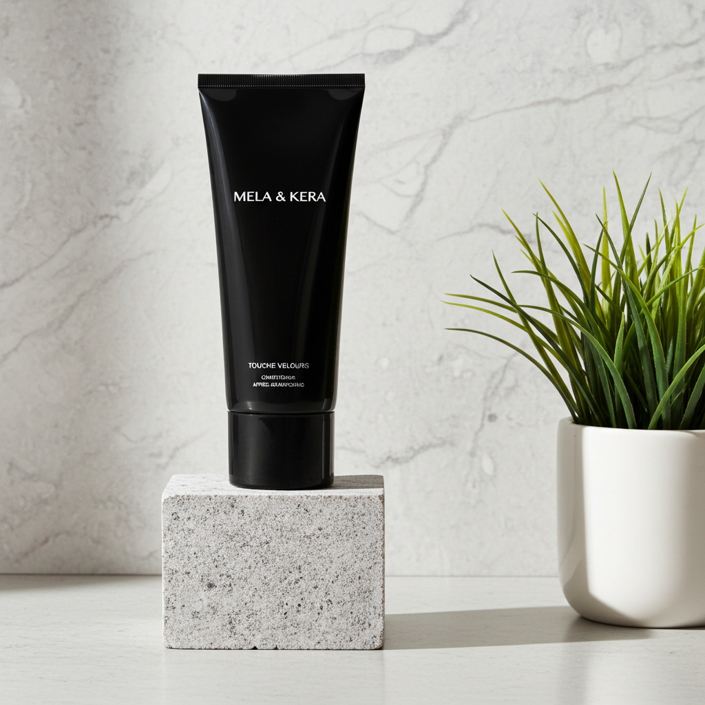 Mela & Kera Touche Velours Conditioner bottle sitting on a granite slab on a counter top.