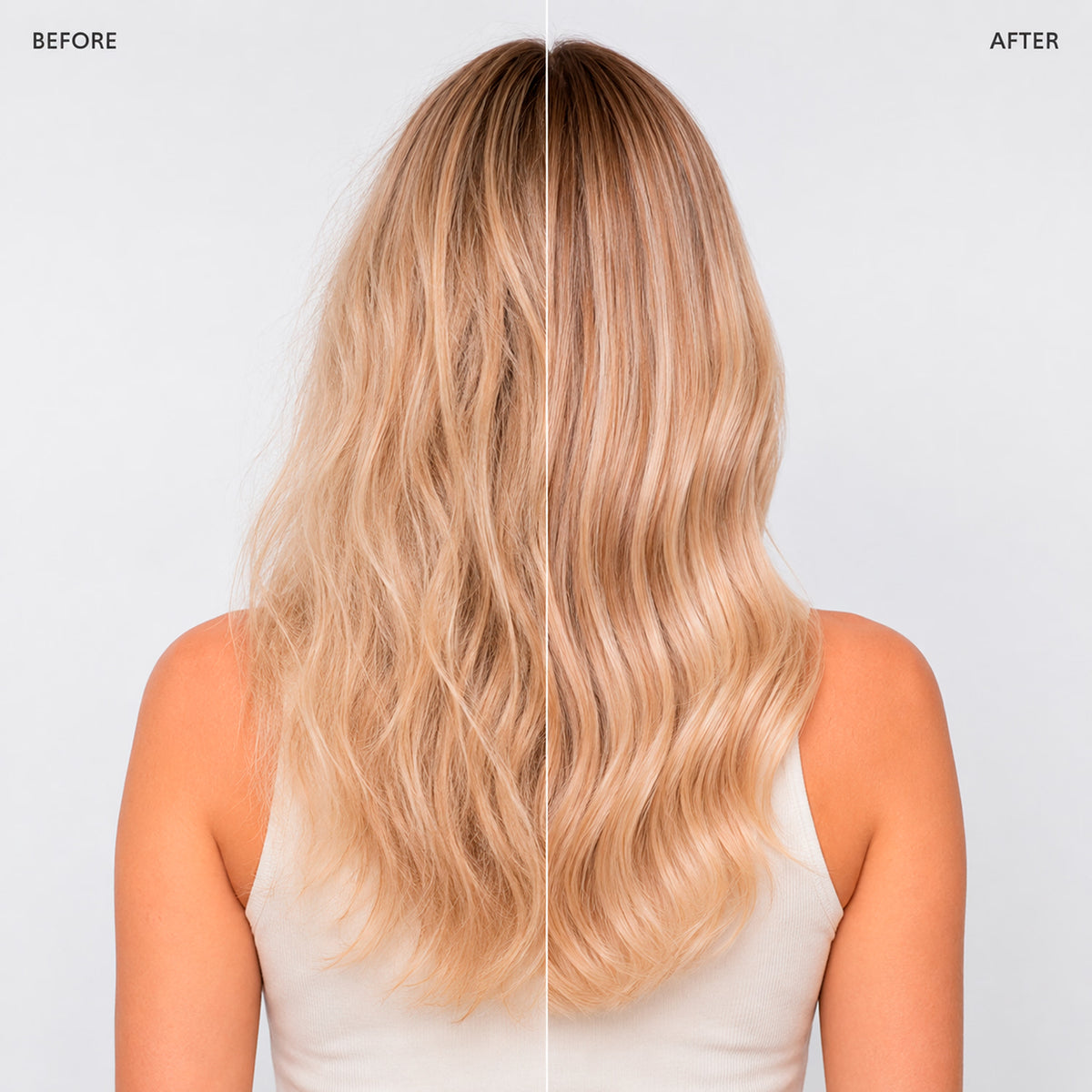 Split before-and-after view of blonde hair showing smoother ends
