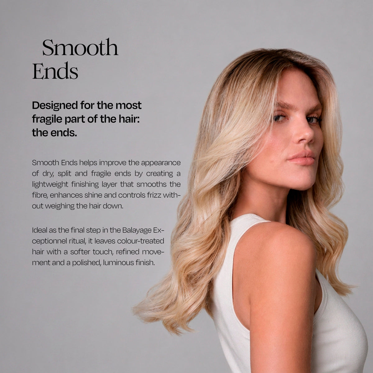 Model with blonde hair showing smooth ends, sleeveless top