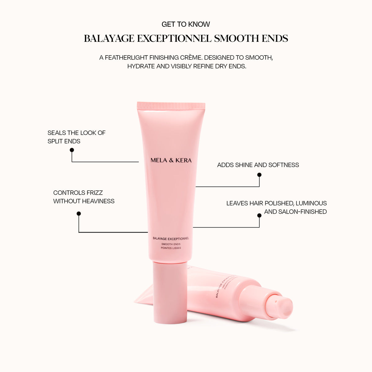 Hair smoothing finishing crème tube, pink squeeze bottle with nozzle cap